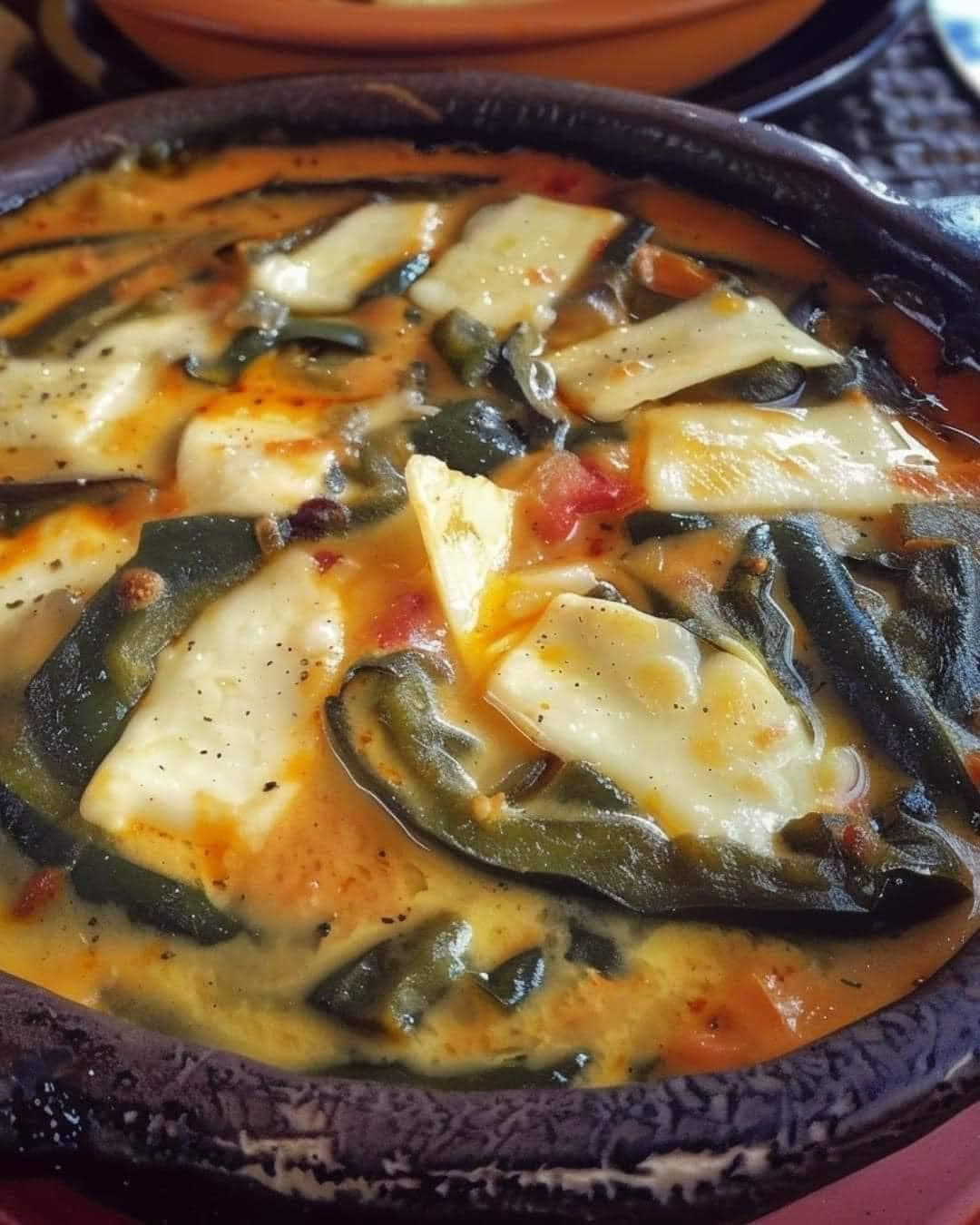 Rajas de chile poblano con queso en caldillo de jitomate