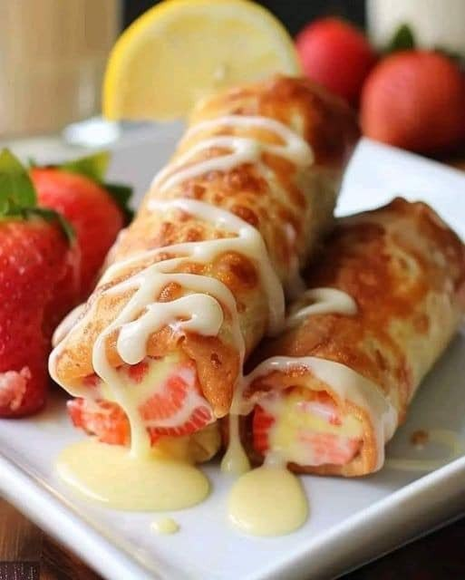 Deliciosos rollitos de huevo con tarta de queso y fresas y glaseado de limón