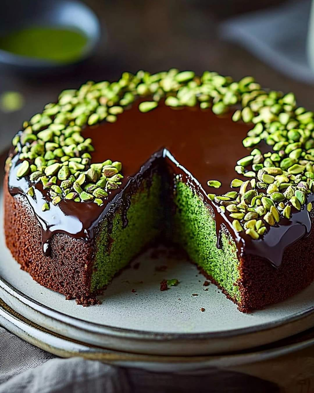 Pastel De Pistacho Sin Harina Con Ganache De Chocolate