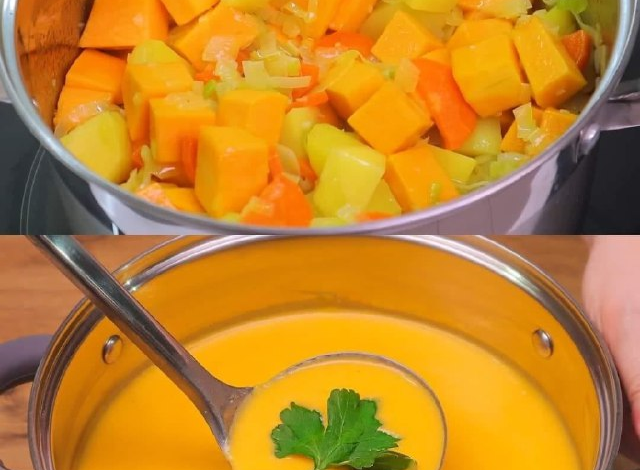 Sopa de calabaza y verduras con trocitos crujientes de pan casero