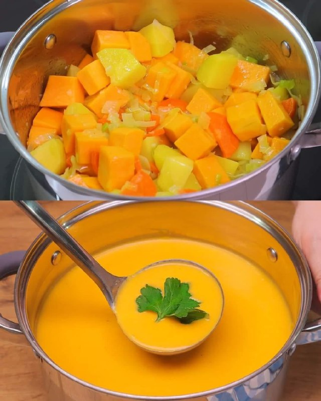 Sopa de calabaza y verduras con trocitos crujientes de pan casero