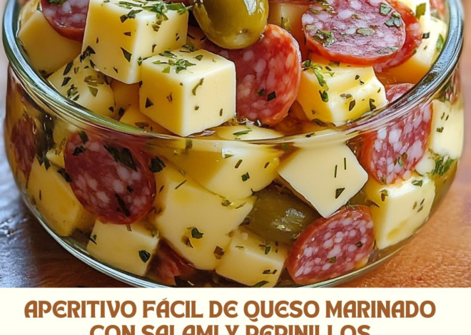 Aperitivo Fácil de Queso Marinado con Salami y Pepinillos