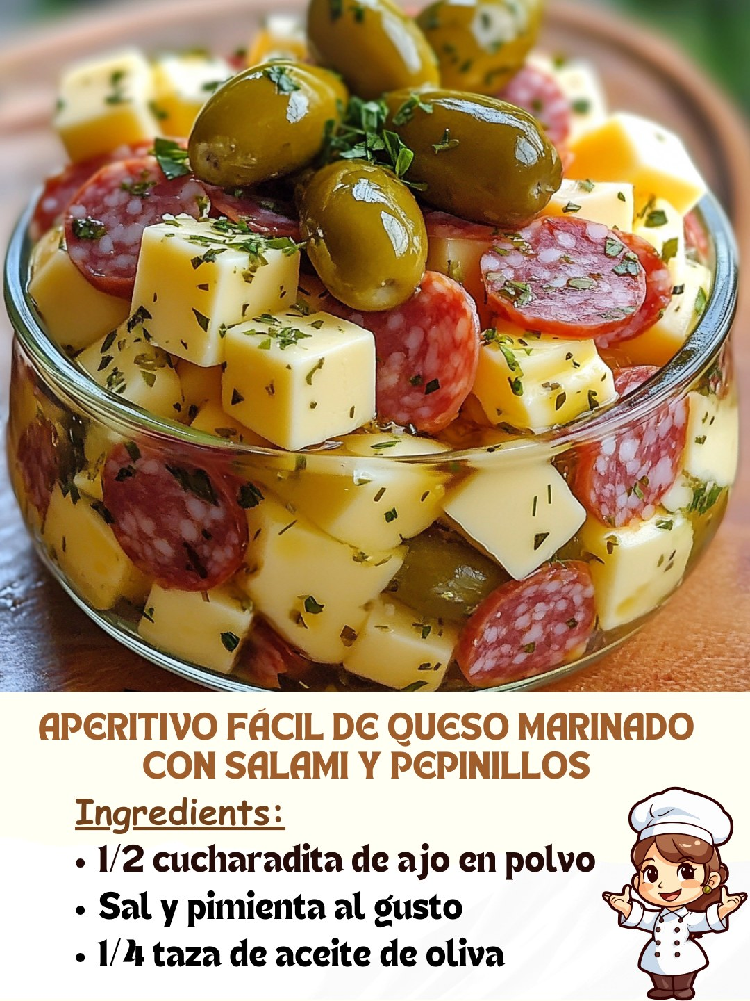 Aperitivo Fácil de Queso Marinado con Salami y Pepinillos