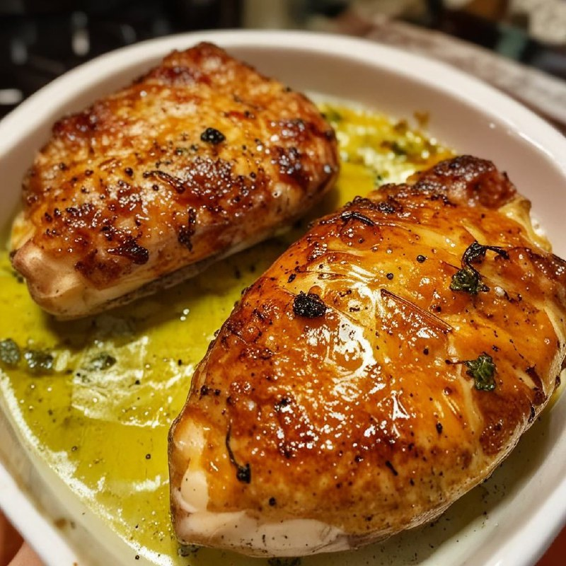 Muslos de pollo cocinados al horno con un glaseado dulce de ajo y miel.