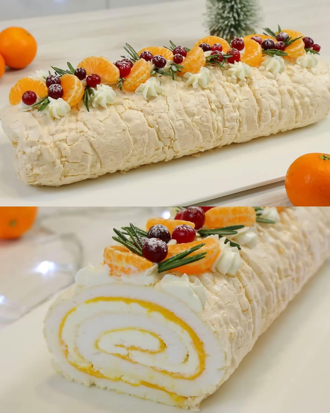 Tarta de merengue y mandarina con relleno de queso crema / Sin harina /