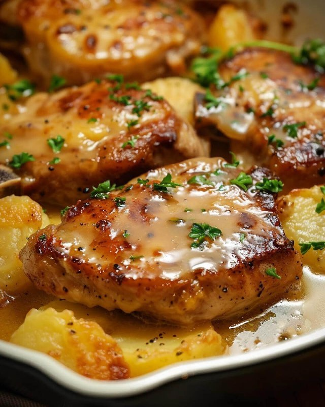 Chuletas de cerdo con patatas gratinadas