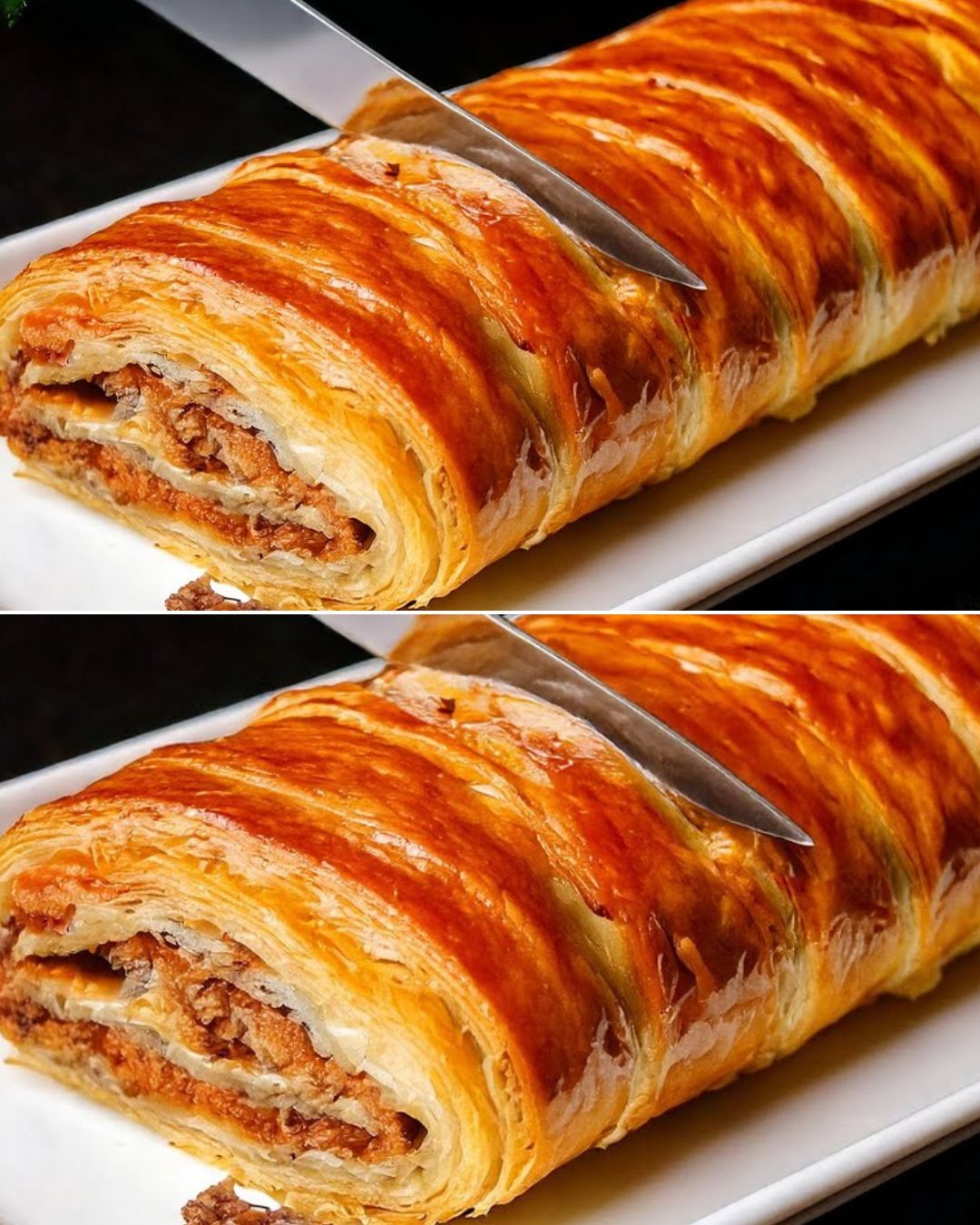 Rollo festivo de hojaldre con carne y queso: un espectáculo para la mesa navideña