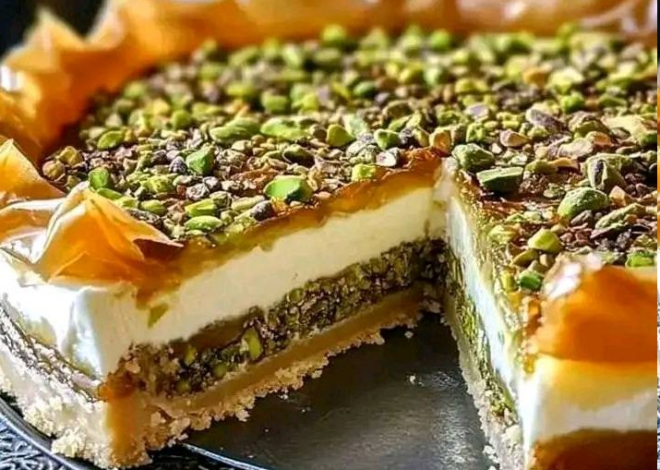 Receta de tarta de queso y baklava con pistachos