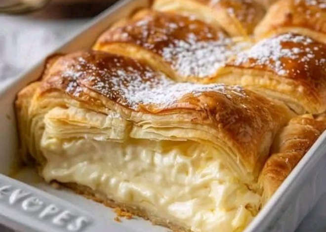 Cazuela de panecillos en forma de medialuna con tarta de queso cremosa