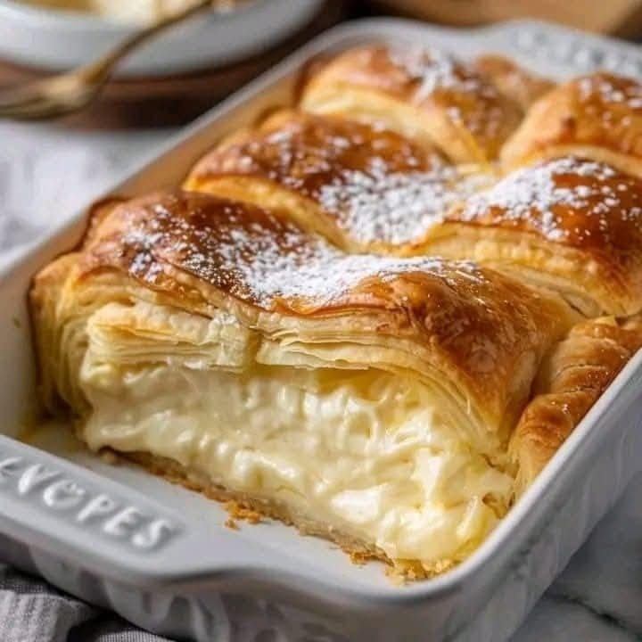 Cazuela de panecillos en forma de medialuna con tarta de queso cremosa