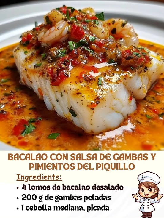 Bacalao con Salsa de Gambas y Pimientos del Piquillo